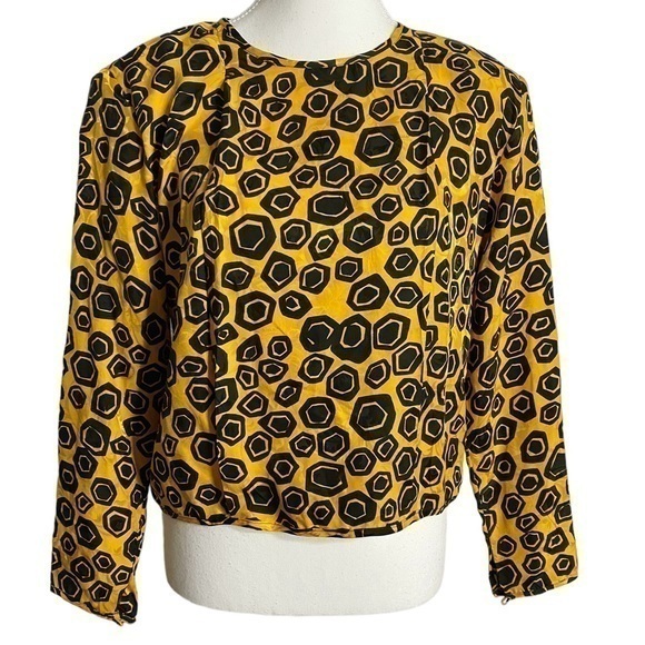 Flora Kung Tops - Flora Kung Vintage Geometric Black Squares on Yellow Embossed Long Sleeve Top
